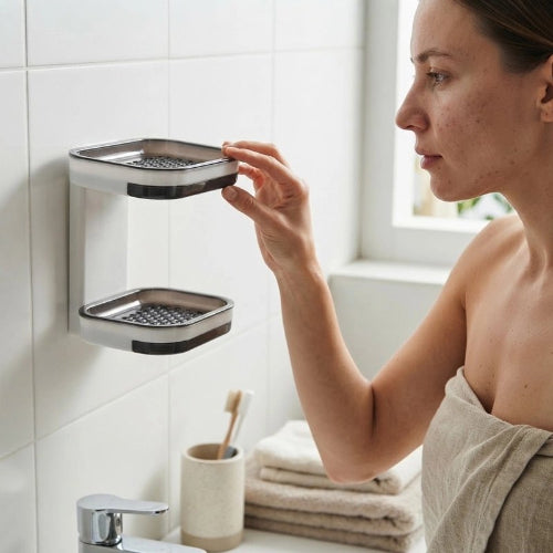 Femme prenant un savon sur le plateau supérieur d’un porte-savon