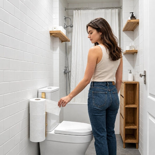 Femme près du porte-papier toilette fixé au réservoir