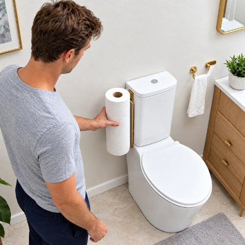 Femme près d’un porte-papier toilette doré suspendu