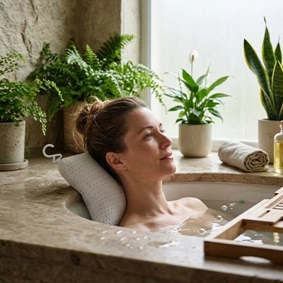 Femme profitant d’un bain relaxant avec un oreiller de baignoire