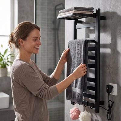 Femme réglant un sèche-serviette électrique noir