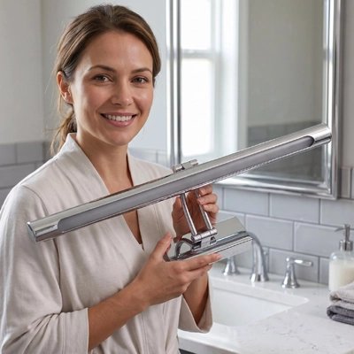 Femme réglant une applique LED chromée au-dessus du lavabo