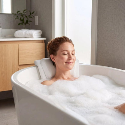 Femme relaxant dans une baignoire avec coussin de bain ergonomique