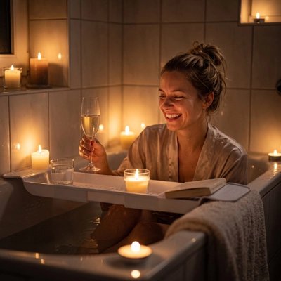 Femme se relaxant avec un plateau de baignoire ajustable blanc