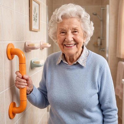 Femme senior utilisant une barre d’appui salle de bain