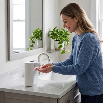 Femme utilisant un distributeur de savon blanc sans contact