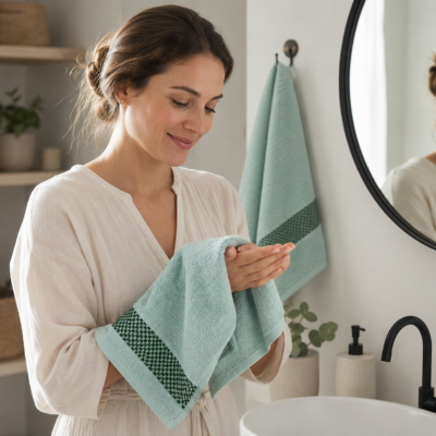 Femme utilisant un essuie-mains après le lavage des mains 