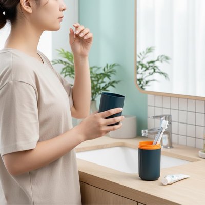 Femme utilisant un étui portable pour brosse à dents