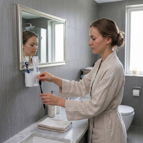 Femme utilisant un porte-brosse à dents mural adhésif avec rangement