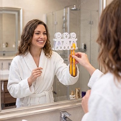 ​Femme utilisant un porte-brosses à dents familial