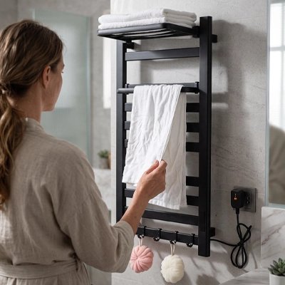 Femme utilisant un sèche-serviette électrique mural noir avec étagère
