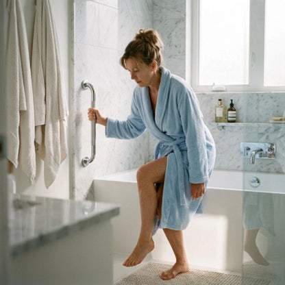 Femme utilisant une barre d’appui pour sortir de la baignoire