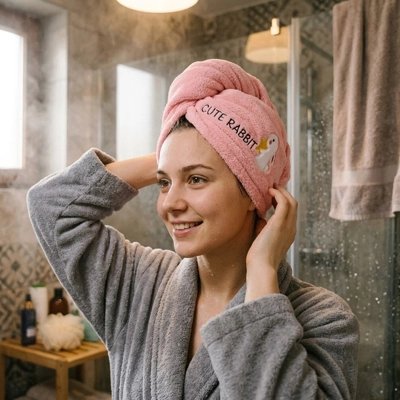 Femme utilisant une serviette pour cheveux en microfibre absorbante
