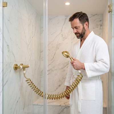 Flexible de douche rétractable doré fixé au raccord mural