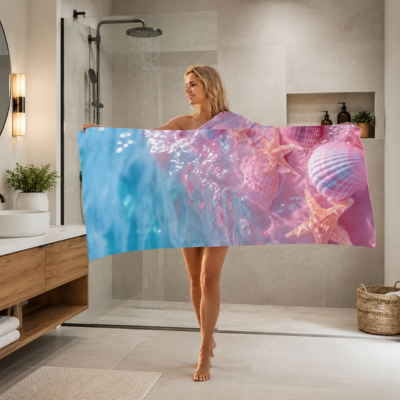 Grande serviette de bain microfibre motif océan bleu et rose