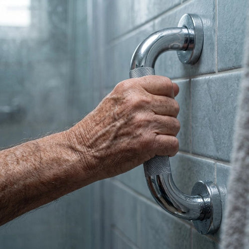 Gros plan sur une main agrippant une barre de sécurité