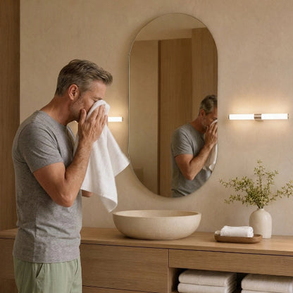 Homme devant un miroir arrondi avec éclairage mural