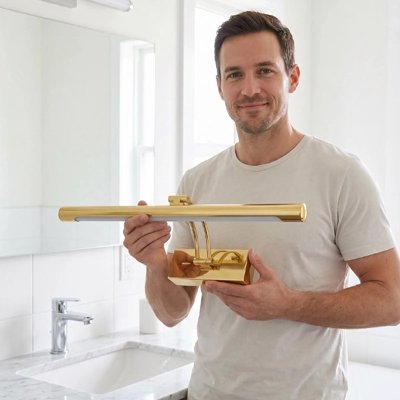 Homme installant une applique LED dorée au-dessus du miroir