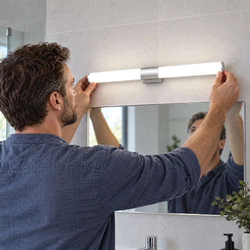 Homme installant une applique murale au-dessus du miroir