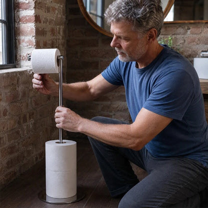 Homme plaçant un rouleau sur un porte-papier toilette sur pied