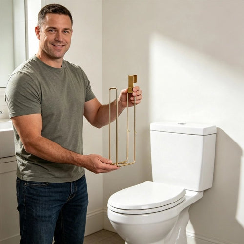 Homme présentant un porte-papier toilette doré à côté de toilettes