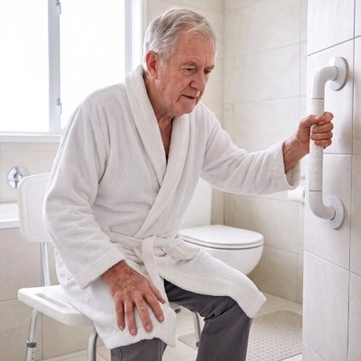 Homme senior utilisant une barre d’appui pour se relever