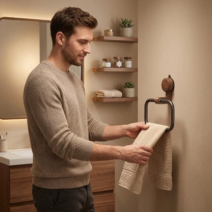 Homme tenant une serviette beige près d’un porte-serviettes mural