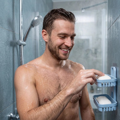 Homme utilisant un porte-savon mural double bleu dans la douche