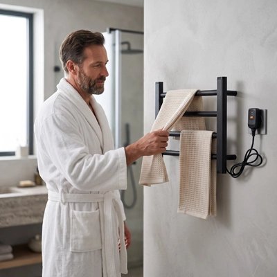 Homme utilisant un sèche-serviette électrique noir