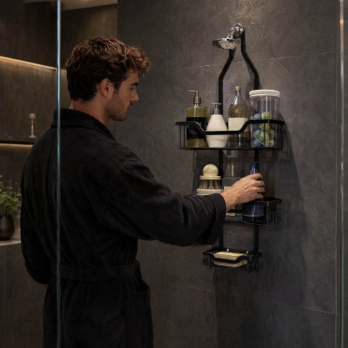 Homme utilisant une étagère de douche suspendue noire