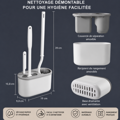 ​Kit de nettoyage gris WC avec brosse silicone anti-bactérienne