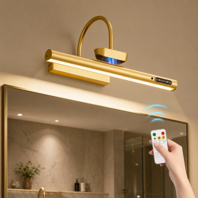 Lampe LED dorée installée au-dessus d’un miroir avec télécommande