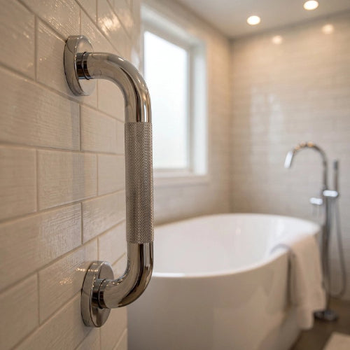 Main tenant une barre d’appui antidérapante dans une douche