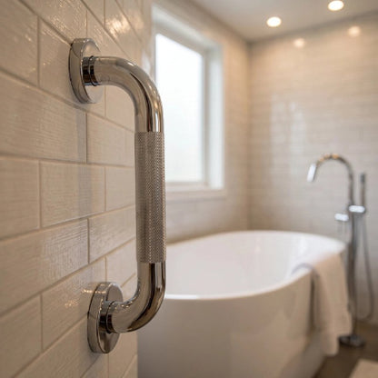 Main tenant une barre d’appui antidérapante dans une douche