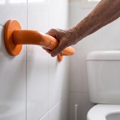 Main tenant une barre d’appui orange  près de la toilette