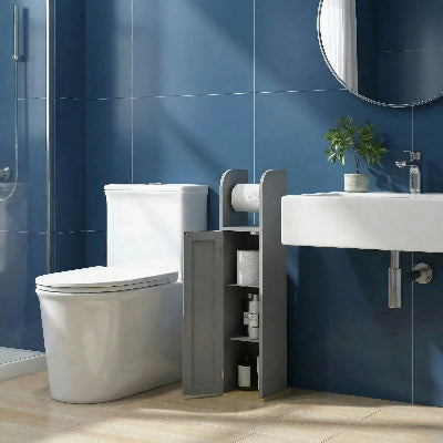 meuble porte papier toilette gris a coter de la toilette