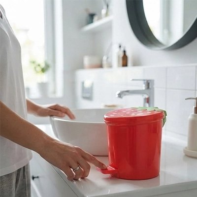 Mini poubelle compacte utilisée sur comptoir de salle de bain