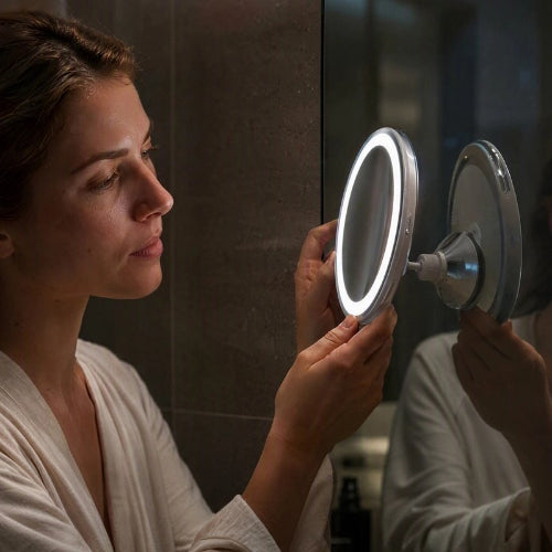 Miroir grossissant orientable éclairant le visage d’une femme