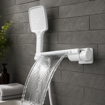 mitigeur baignoire à cascade blanc avec pommeau