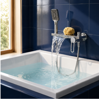 mitigeur-baignoire-argent-a-effet-cascade-sur-mur-bleu