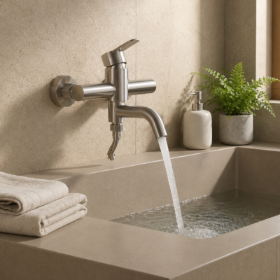 mitigeur-baignoire-argent-brossé-sur-mur-beige