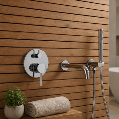 mitigeur-baignoire-argent-chrome-sur-mur-de-bois