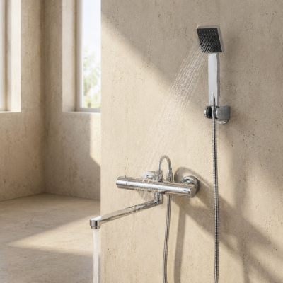 mitigeur baignoire argent chromé sur mur en pierre beige