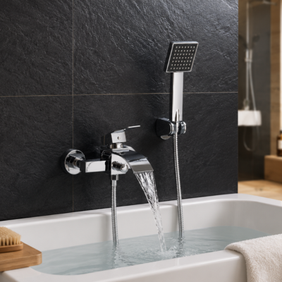 mitigeur-baignoire-argent-chromé-sur-mur-noir