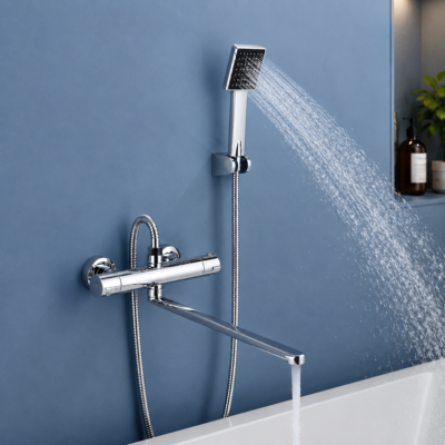 mitigeur baignoire avec long bec rotatif  remplissant la baignoire