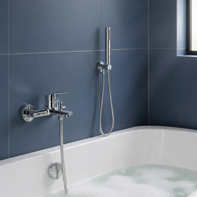 mitigeur baignoire chromé sur mur bleu moderne