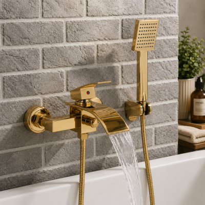 mitigeur-baignoire-doré-sur-mur-en-brique-grise