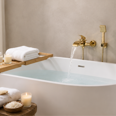 mitigeur-baignoire-doré-sur-un-mur-beige