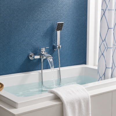 mitigeur-baignoire-doré-sur-un-mur-bleu