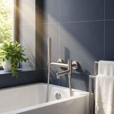 mitigeur-baignoire-et-douche-laiton-chrome-sur-un-mur-bleu
